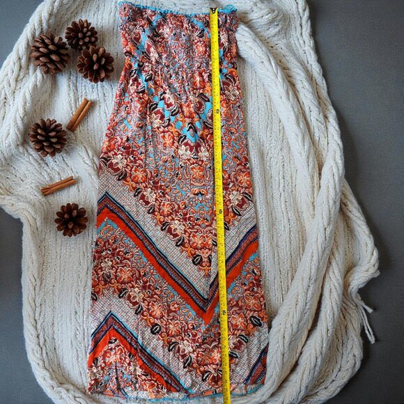 Angie Boho Maxi Dress–Red Blue Paisley Strapless Smocked Winter Layering Look - Picture 6 of 8